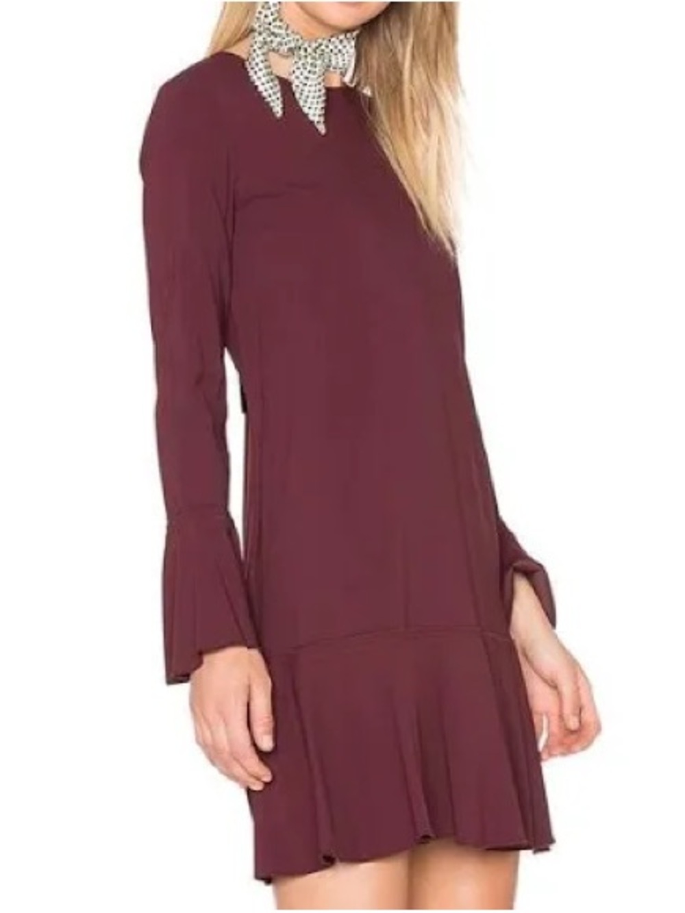 Women's Long-Sleeve Flounce Hem Dress - Burgundy